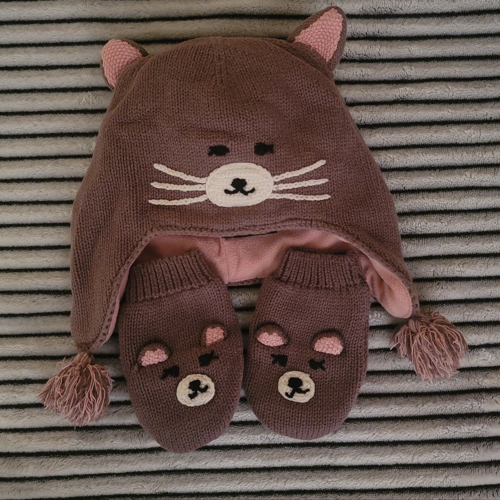 Gap Baby Girl Gray Kitten Hat & Mittens Size 12-18M